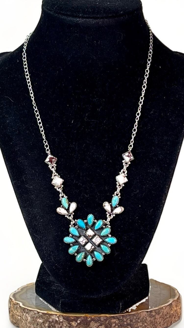 Sterling Silver Kingman Turquoise White Buffalo Southwestern Cluster Necklace